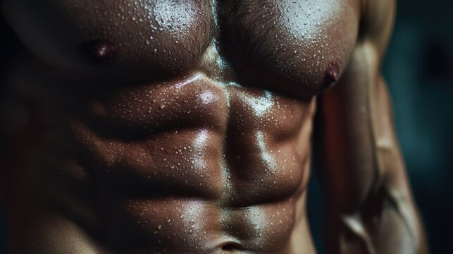 Close Up of Sweaty Muscular Man Abs and Six Pack Bodybuilder Torso