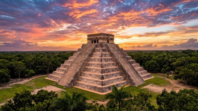 Majestic Chichen Itza Pyramid at Sunset with Dramatic Sky.