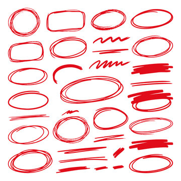 Hand-drawn red circles and ovals with scribbles on white