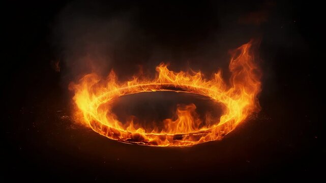 Blazing fiery ring of fire burning fiercely with sparks flying against dark background