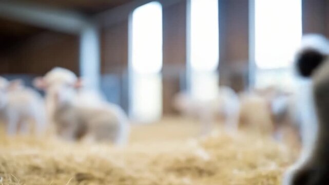 Cute little lambs lie quietly in straw in a stable and look at the camera, full body. Little lambs look out of the flock of sheep in the stable. Animals and wildlife, nature.