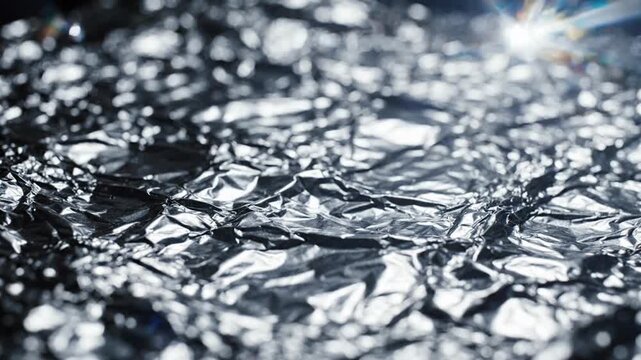 Textured crumpled silver aluminum foil with bokeh light