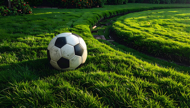 Soccer ball resting on lush green grass with soft golden hour lighting, sports equipment detail