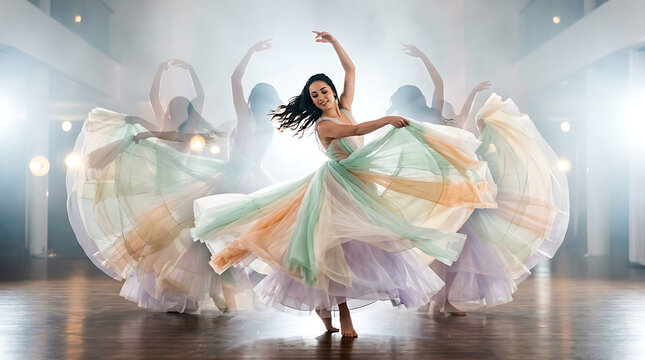 Woman in flowing pastel dress spinning with multiple ghostly figures in studio dancer