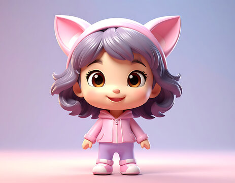 Cute cartoon girl with purple hair and cat ears headband, wearing a pink hoodie and pants, cheerful expression, soft gradient background