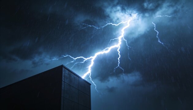 Wide shot of dark blue heavy rainy atmosphere illuminated by a lightning flash with dark building copy space