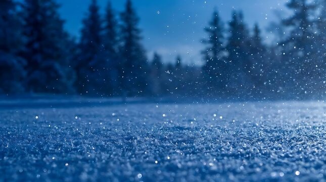 Ground level view of fresh snow falling at night.