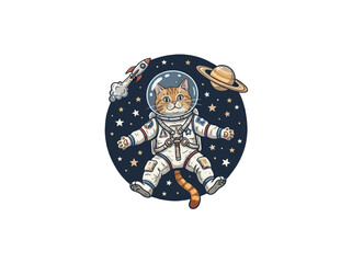 A Charming Astronaut Cat In A White Suit Floating Amidst A Starry Space Background With A Rocket And The Planet Saturn Vector Illustration © vector