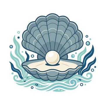 An illustration of an open seashell with a shiny pearl inside