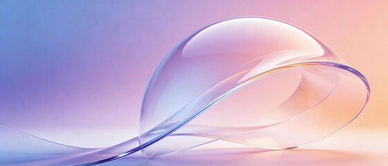 Naklejka premium Abstract elegant curved transparent glass shape with soft pink purple orange gradient on gentle pastel gradient background for modern tech and beauty design projects