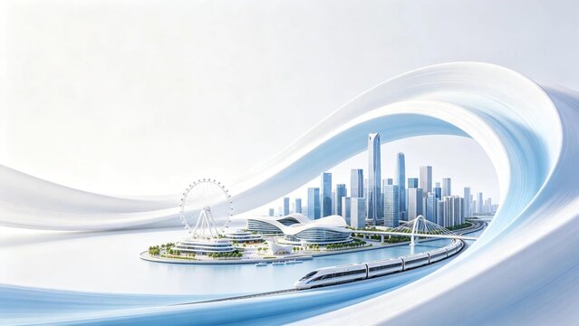 Surreal creative modern cityscape with high speed train and ferris wheel framed inside flowing white silk wave represents urban development and modern progress concept