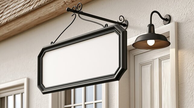 Blank vintage black wall mounted hanging sign next to lit wall lamp above shop door perfect for custom logo or business name display mockup