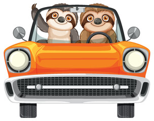 Fototapeta premium Two Sloths Driving Orange Convertible Car Front View