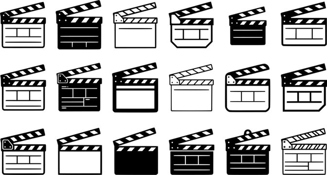 Film Clapperboard Outline Icon Set with Twenty-Four Cinema, Video Production and Filmmaking Variations