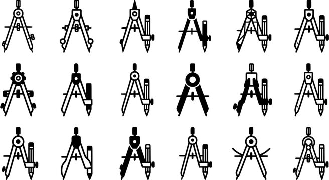 Drafting Compass and Divider Tool Icon Set for Geometry, Engineering and Technical Drawing