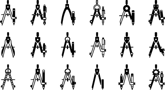 Drafting Compass and Divider Tool Icon Set for Geometry, Engineering and Technical Drawing