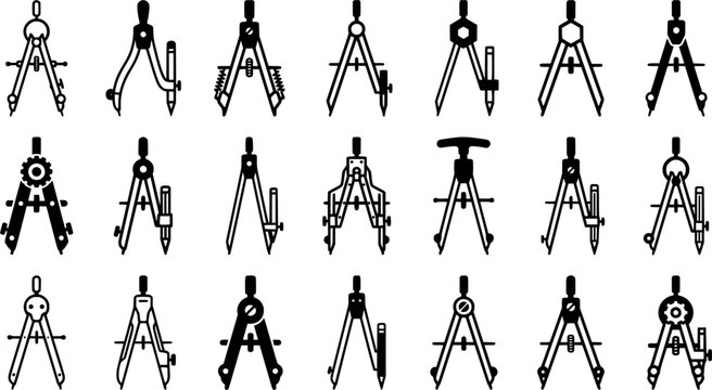 Drafting Compass and Divider Tool Icon Set for Geometry, Engineering and Technical Drawing