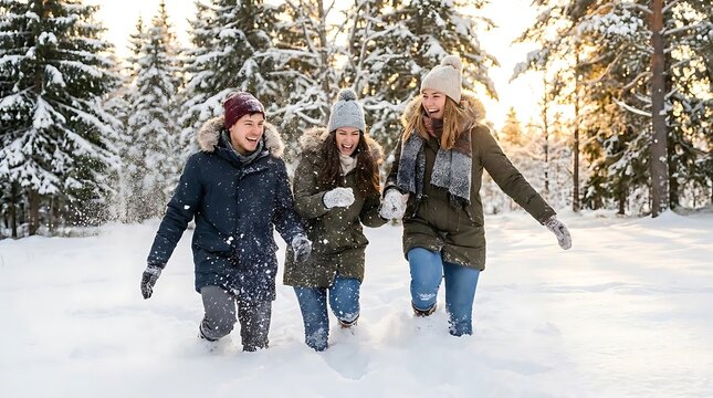 Group of friends walking through deep snow in forest.