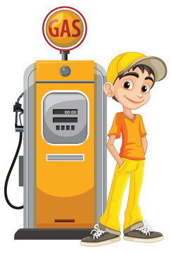 Smiling Boy Standing Beside Yellow Gas Pump Illustration