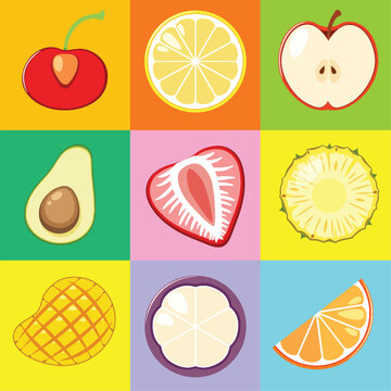 Colorful Flat Vector Illustration of Various Sliced Fruit Cross Sections