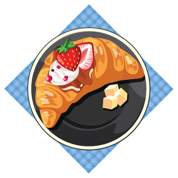 Croissant with Whipped Cream, Strawberry, and Sugar Cubes on Plate