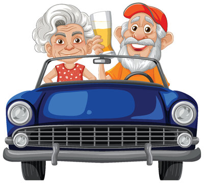 Elderly Couple Driving Classic Convertible Car Together