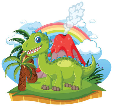 Cute Green Dinosaur Standing in Prehistoric Landscape with Volcano and Rainbow