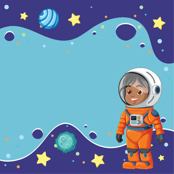 Cartoon Astronaut Child in Orange Spacesuit with Outer Space Background