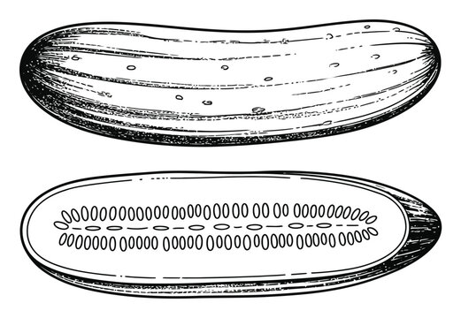 Dibujo lineal en blanco y negro de un pepino entero y en rodajas