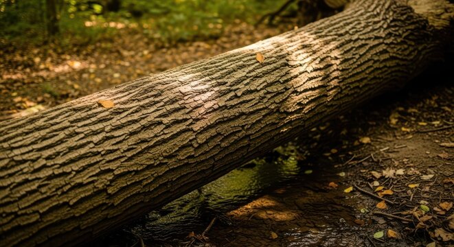 Detailed bark texture of a fallen log in a forest stream