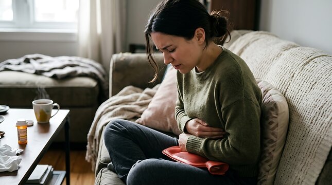 Woman at home suffering from menstrual pain, having cramps. Close up of woman holding abdomen, endometriosis, and conditions causing pain in tummy.