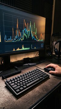 Close up of a person's hand using a computer mouse while looking at stock market charts on a monitor