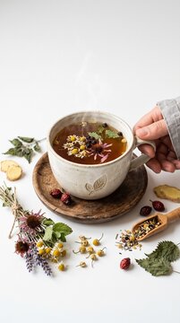 Hand holding a steaming cup of herbal tea with chamomile lavender echinacea and rosehip ingredients