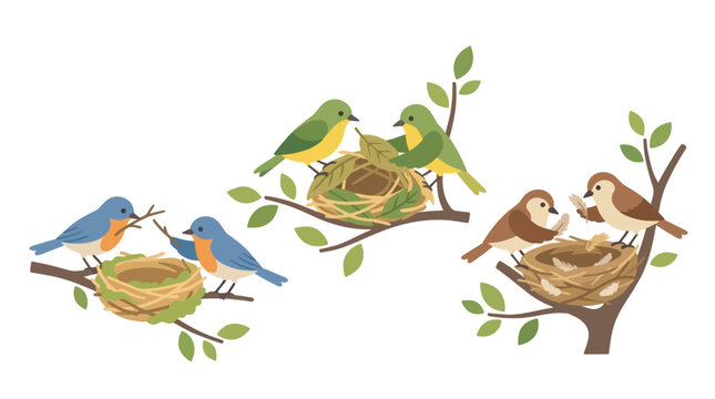 Birds Building Nests Together Symbolizing Safe and Supportive Environments Flat Vector Illustration