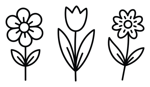 Dibujo lineal sencillo en blanco y negro de tres flores diferentes