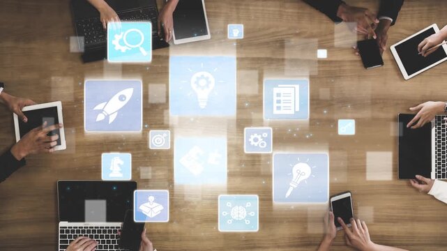 Innovation icons show creativity, teamwork, and project development. Innovation helps organizations design solutions, build strategy, and grow with new business opportunities. Funnel