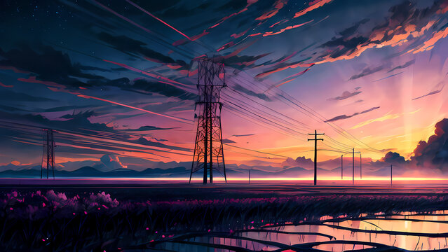 Anime Style Sunset Landscape with Power Lines and Rice Fields