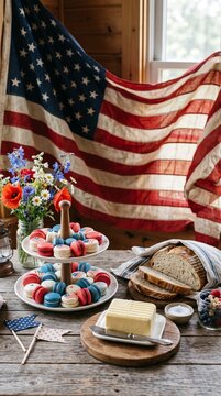 Patriotic American Celebration Food Display with Macarons Bread Butter and Berries