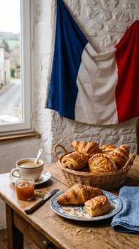 French breakfast with croissants pain au chocolat and coffee served on a rustic wooden table with a French flag in the background