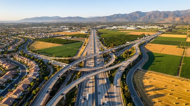 Aerial drone view of a modern freeway interchange surrounded by agricultural fields, suburban neighborhoods, and scenic mountains during golden hour in California.