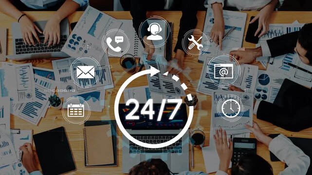 Collaborative Team Meeting with Business Reports and 24-7 Icons Depicting Constant Availability and Communication for Success. Entropy.