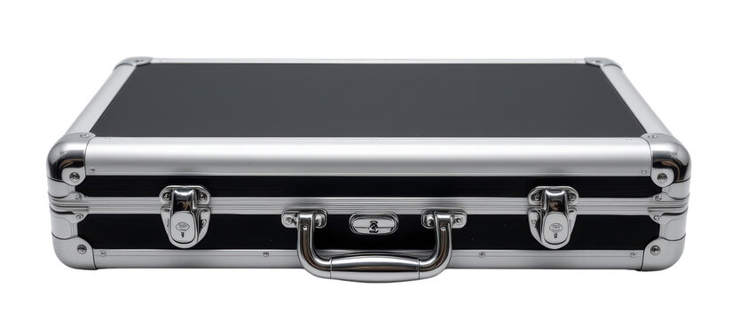 A sleek black hard case with silver metal edges, secure latches and a sturdy handle designed for safe transport and storage of valuable items.