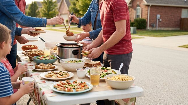 Neighbors gathering for a community potluck street party, sharing homemade food and enjoying outdoor dining together in a friendly suburban neighborhood setting.