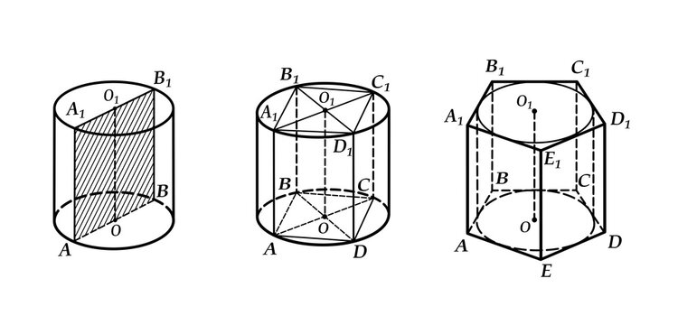 Illustration of a cylindrical structure. Cylinder with a rectangular axial cross-section. Regular quadrangular prism inscribed within cylinder. Cylinder inscribed within regular pentagonal prism.