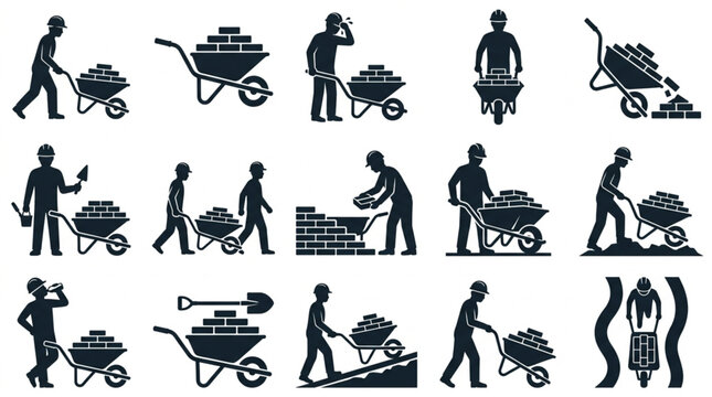 Construction workers with wheelbarrows in black and white.