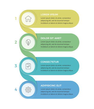 Infographic template featuring four rounded banners connected by a twisting ribbon in a vertical layout, suitable for business presentation or workflow planning