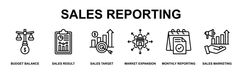 Fototapeta premium Sales Reporting Banner Web Outline Icon Vector Illustration Concept for Business with Icons of Budget Balance, Sales Result, Sales Target, Market Expansion, Monthly Reporting, Sales Marketing