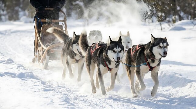 Husky dog team pulling sled in snow.