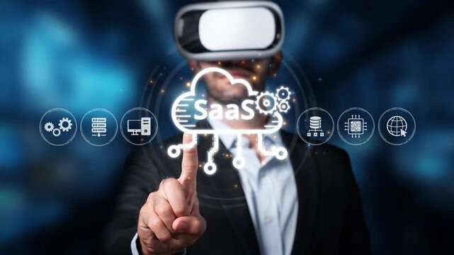 A businessman wears a virtual reality headset while interacting with cloud technology icons that signify software as a service in a contemporary office setting. Raster