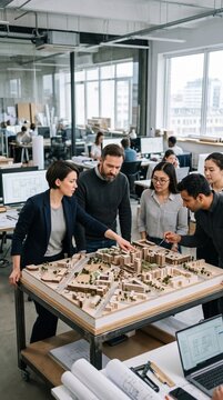 Diverse team of architects collaborating on a detailed urban building model in a modern office setting